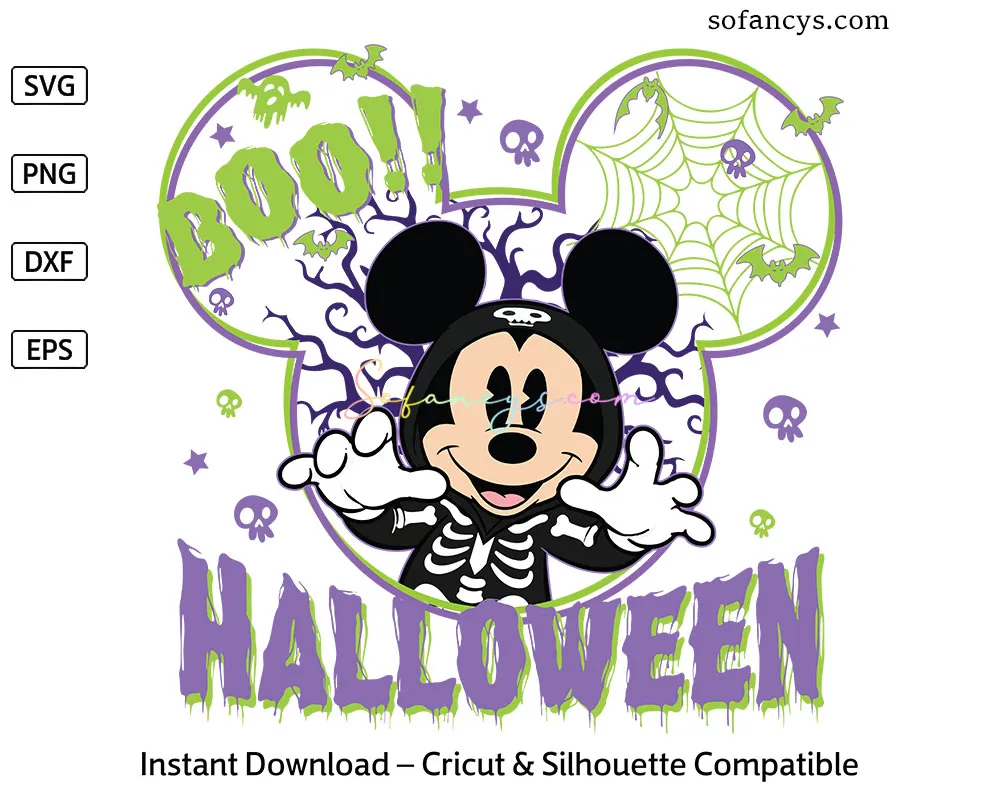 Boo Mickey Halloween SVG, Disney Mickey Head Skeleton Design