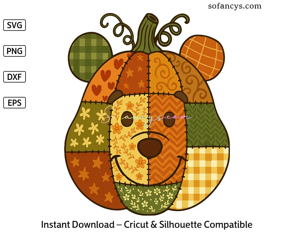 Patchwork Pumpkin Pooh SVG – Cute Fall Harvest Design