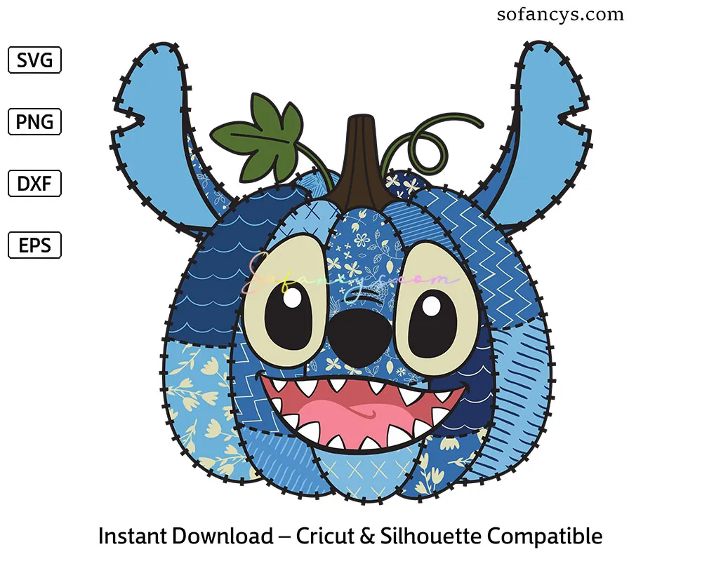 Patchwork Stitch Pumpkin SVG, Retro Blue Alien Cartoon Design
