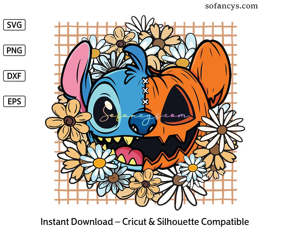 Stitch Pumpkin Face SVG – Floral Halloween Disney Design