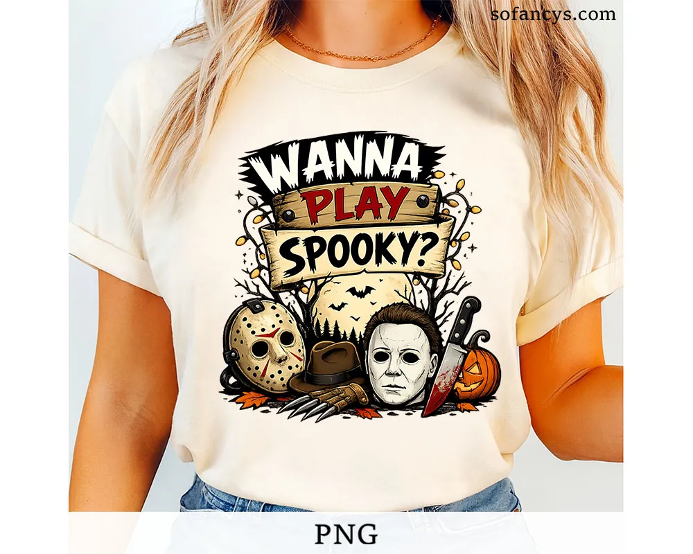 Wanna Play Spooky PNG - Classic Horror Masks Halloween Design